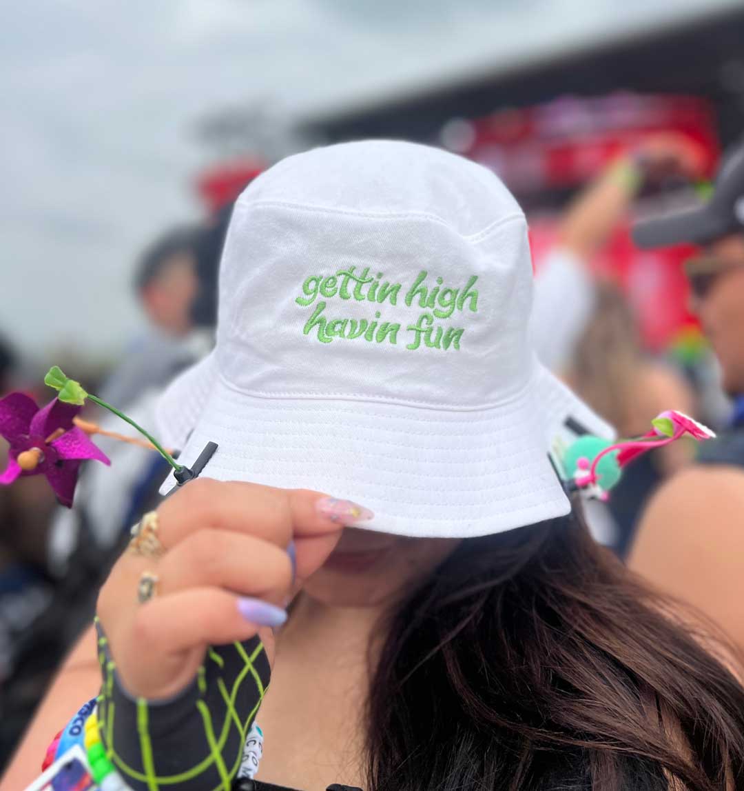 Gettin High Havin Fun Embroidered Bucket Hat | Festival Bucket Hat | Griz-Inspired Bucket Hat | Stoner Weed Bucket Hat