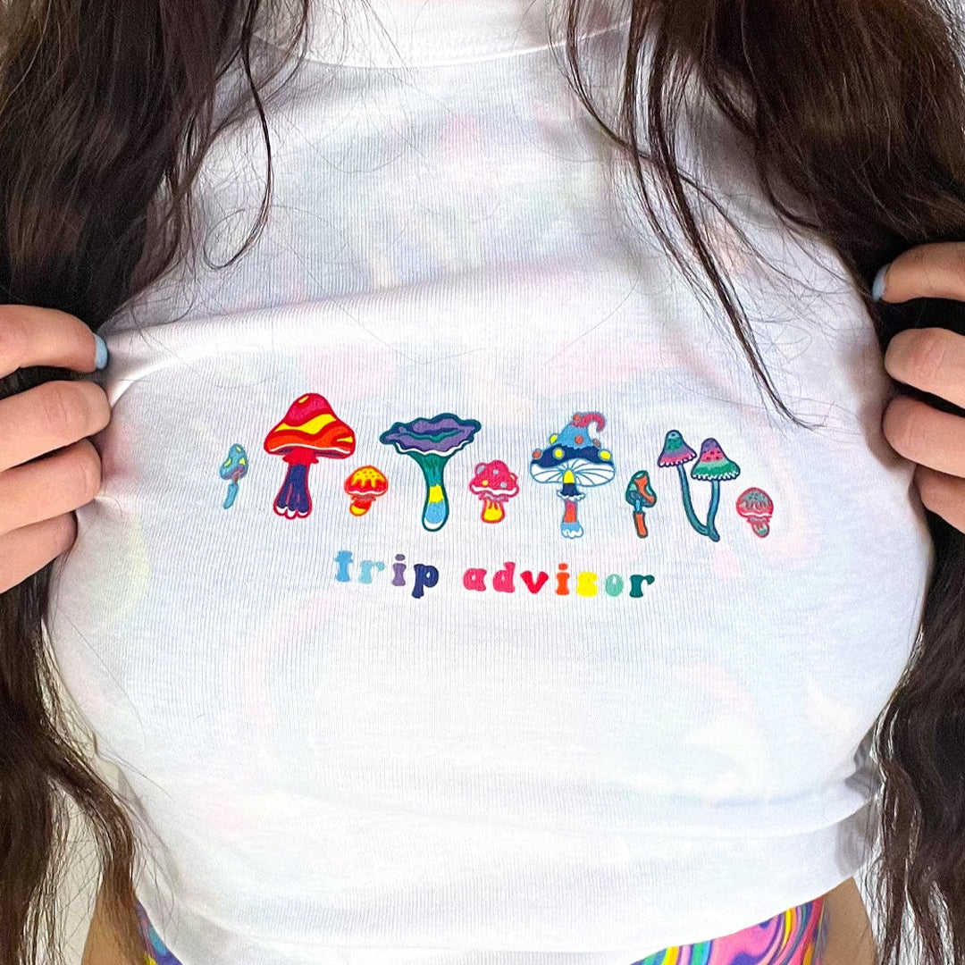 Trip Advisor Baby Tee | Mushroom Crop Top Baby Tee | Festival Rave Tee, EDM Shirt