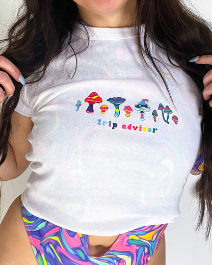 Trip Advisor Baby Tee | Mushroom Crop Top | Festival Rave Tee, EDM Shirt